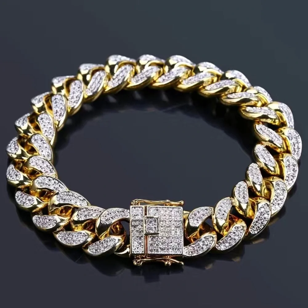 Men’s and women’s gold plated sparkle iced out Cuban chain link bracelet
